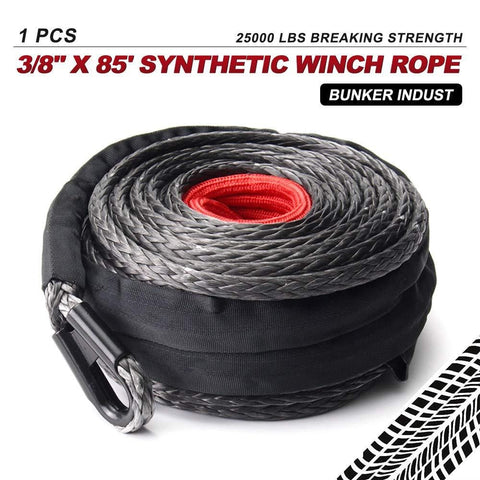 BUNKER INDUST Synthetic Winch Rope 3/8" x 85', 25000 Ibs Winch Cable Line with Protective Sleeve for 4WD Off Road Jeep ATV UTV SUV Truck Boat,1 Pcs Black Winch Rope Extension