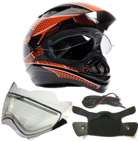 Typhoon XP14 Dual Sport Snowmobile Helmet with Electric Heated Shield - Black/Orange - Large