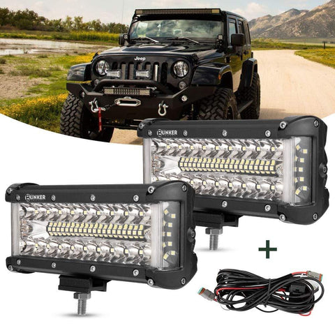 BUNKER INDUST Side Shooter LED Light Pods Wiring Harness Kit, 2Pcs 7 Inch Spot Flood Combo Beam CREE LED Light Bar 80W Work Lights Waterproof Off Road Fog Driving Bumper Light for ATV UTV Truck Boat