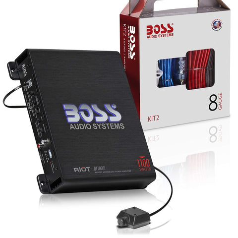 BOSS Audio Systems R1100MK Car Amplifier and 8 Gauge Wiring Kit - 1100 Watts Max Power, 2 4 Ohm Stable, Class AB, Monoblock, Mosfet Power Supply, Remote Subwoofer Control