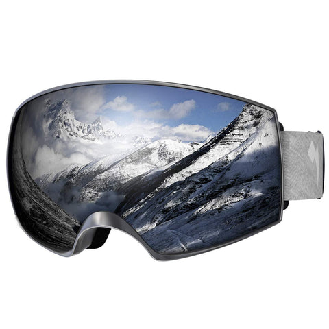 WhiteFang Ski Goggles, Over Glasses OTG Snow/Snowboard Goggles for Men Women & Youth, Anti-Fog Dual Layer Lens & 100% UV400 Protection (Bright Silver Frame-Silver Lens VLT 7%)