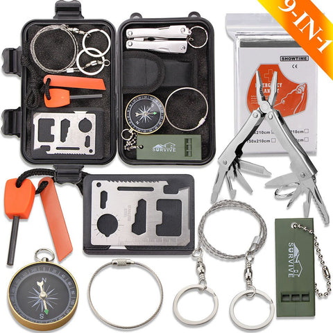 Emergency Survival Kit, Monoki 9-In-1 Compact Outdoor Survival Gear Kits Portable EDC Emergency Survival Tools Set with Gift Box for Camping Hiking Hunting Climbing Travelling or Wilderness Adventures