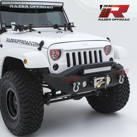 Razer Auto Black Textured Rock Crawler Stubby Front Bumper with OE Fog Light Hole, 2x D-Ring and Built-In 22" LED Light bar mount & Winch Mount Plate (Black) for 07-18 Jeep Wrangler JK