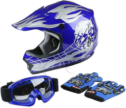 TCT-MT Helmet Goggles+Gloves New DOT Youth Blue Skull Dirt Bike ATV Motocross Large