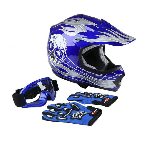 TCMT Dot Youth & Kids Motocross Offroad Street Motorcycle Dirt Bike Motocross ATV Helmet Blue Skull with Goggles Gloves (L)