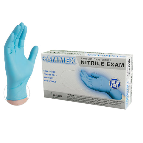 AMMEX Medical Blue Nitrile Gloves - 4 mil, Latex Free, Powder Free, Textured, Disposable, Non-Sterile, Large, APFN46100-BX, Box of 100