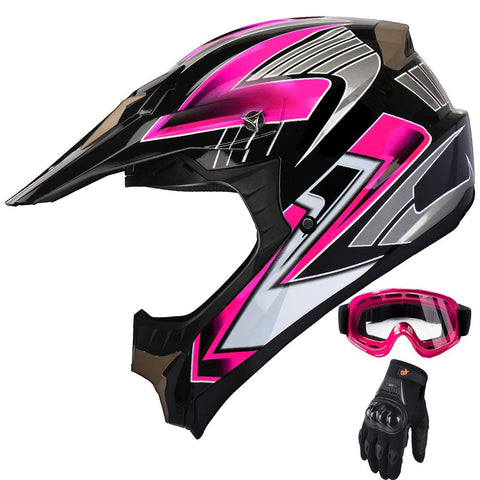 Women's Motocross ATV Helmet Dirt Bike OffRoad Mountain Bike Helmet Goggles Gloves Combo Pink 189 (L)