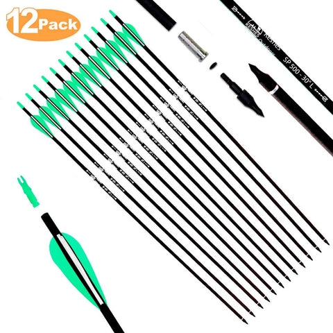 KESHES Archery Carbon Hunting Arrows for Compound & Recurve Bows - 30 inch Youth Kids and Adult Target Practice Bow Arrow - Removable Nock & Tips Points (12 Pack)