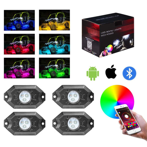 RGB LED Rock Light Kits, Teochew-LED 4 Pods RGB Rock Lights with Bluetooth Controller Multicolor LED Underglow Light Kits Neon LED Wheel Well Lights for RZR ATV UTV Truck SXS Jeep Car