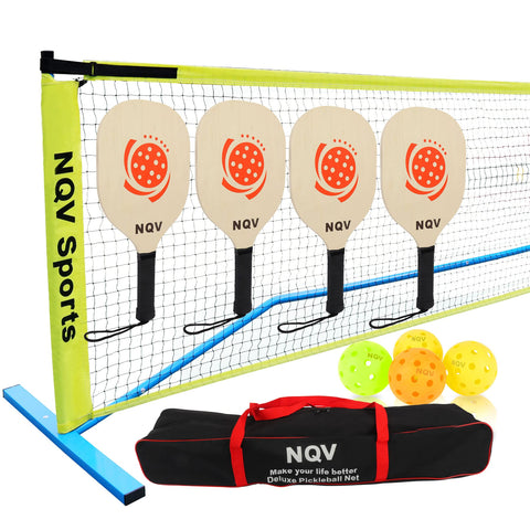 NQV Pickleball Set with Net, Pickleball Set, 4 Wood Pickleball Paddles+22FT Full Court Pickleball Net+4 Pickleball Balls+1 Duffle Bag+2 Chalks for Markers, Outdoor Indoor Driveway Home Beginner