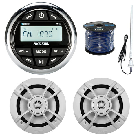 Kicker KMC2 Marine Boat Yacht Gauge Style AM/FM Radio Stereo Receiver Bundle Combo With 2x Kenwood 6.5-Inch 100 Watt Speaker + Enrock Radio Antenna + 50 Feet Speaker Wire