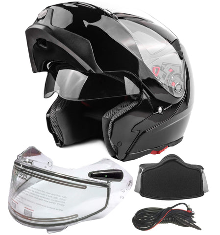 Typhoon G339 Dual Visor Modular Full Face Snowmobile Helmet With Heated Shield, Breath Box (Gloss Black, Medium)