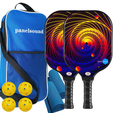 Panel Sound Pickleball Paddles Set of 2, USAPA Approved Fiberglass Pickleball Rackets with 1 Carrying Case, 2 Cooling Towels & 4 Indoor Balls