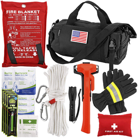 EVERLIT Survival Emergency Fire Safety Kit with Fire Blanket, Heat Resistant Gloves, Escape Rope, Glass Hammer, Glow Sticks, Flashlight, First Aid Supplies with Burn Injury Care Treatment and More
