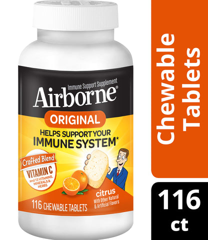 Vitamin C 1000mg - Airborne Citrus Chewable Tablets (116 count in a bottle), Gluten-Free Immune Support Supplement and High in Antioxidants, Packaging May Vary