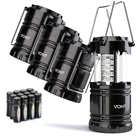 Vont 4 Pack LED Camping Lantern, LED Lantern, Suitable for Survival Kits for Hurricane, Emergency Light, Storm, Outages, Outdoor Portable Lanterns, Black, Collapsible, (Batteries Included)