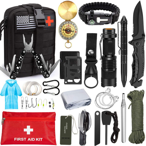 Emergency Survival Kit 47 in 1 Professional Survival Gear Tool First Aid Kit SOS Emergency Tactical Flashlight Knife Pliers Pen Blanket Bracelets Compass with Molle Pouch for Camping Adventures