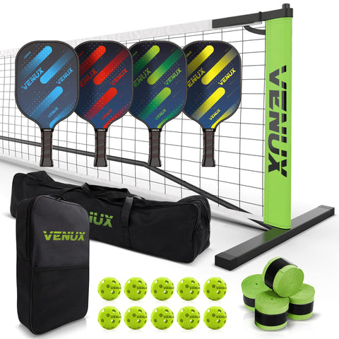 VENUX Portable Pickleball Set with Net - Professional Pickleball Set of 4 Paddles Fiver-Glass Carbon Graphite Surface 10 Balls, 4 Grips, 1 Net, 1 Carrying & 1 Paddle Bag, PVC Official Regulation Size