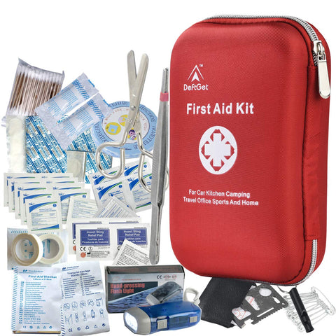 DeftGet First Aid Kit - 163 Piece Waterproof Portable Essential Injuries & Red Cross Medical Emergency Equipment Kits : for Car Kitchen Camping Travel Office Sports and Home