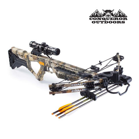 CONQUEROR OUTDOORS PSE Crossbow Coalition | Hunting | Compound | Camo | 380FPS | Cocking Rope, Wax, Quiver, Arrows, Scope | for Left and Right Hand Hunting