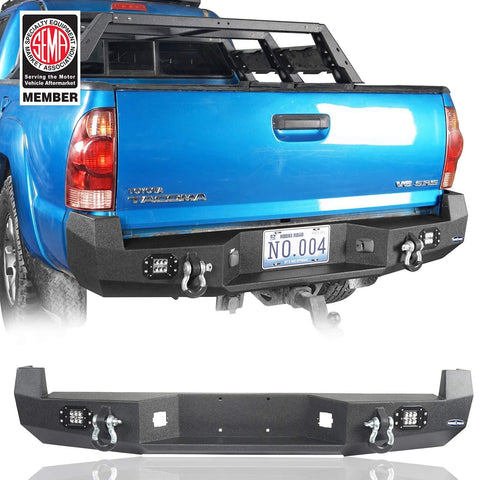 Hooke Road Solid Steel Offroad Rear Bumper w/LED Lights & D-Rings for 2005-2015 2 Gen Toyota Tacoma