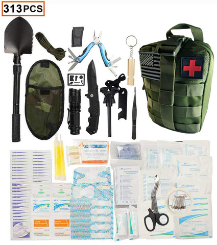 WildmanSurvival 313 pcs. Survival First Aid Kit IFAK Molle System Compatible Outdoor Gear Emergency Kits Trauma Bag for Camping Hunting Hiking Home Boat Car Earthquake and Adventures (GREEN)
