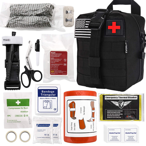 Everlit Emergency Survival Trauma Kit with Tourniquet 36" Splint, Military Combat Tactical IFAK for First Aid Response, Critical Wounds, Gun Shots, Blow Out, Severe Bleeding Control and More (Black)