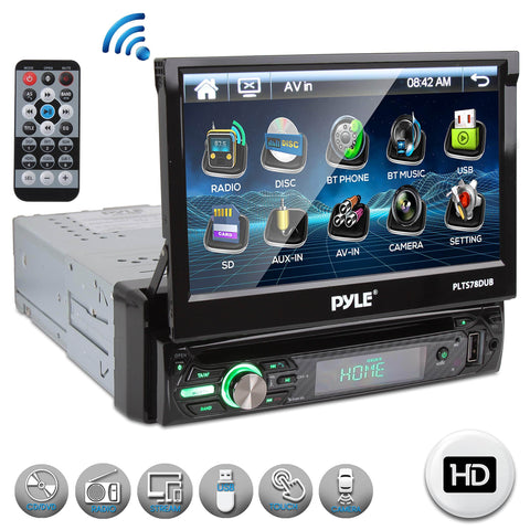 Single DIN Head Unit Receiver - in-Dash Car Stereo with 7" Multi-Color Touchscreen Display - Audio Video System with Bluetooth for Wireless Music Streaming & Hands-Free Calling - Pyle PLTS78DUB