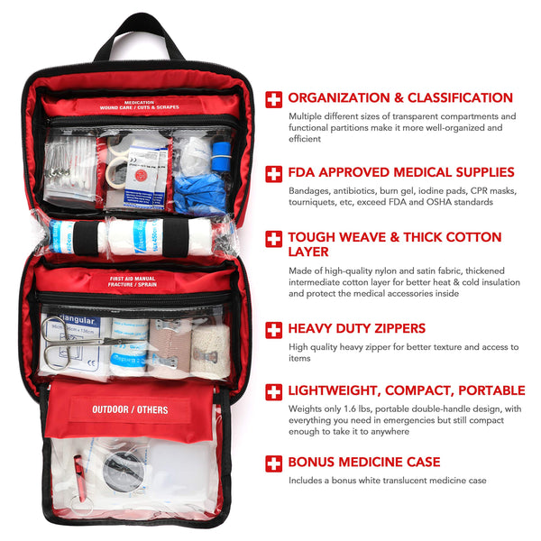 220 Piece First Aid Kit with Hospital Grade Medical Supplies Exceeds FDA and OSHA Standards, Great for Home, Outdoors, Office, Car, Travel, Camping, Hiking, Boating, Every Emergencies.