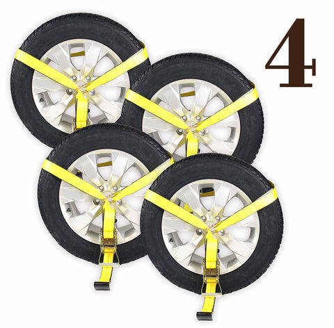 DC Cargo Mall 4 Side Mount Wheel Nets with Flat Hook and Ratchet | 4 Pack Car Wheel Lasso Straps for Auto Hauling