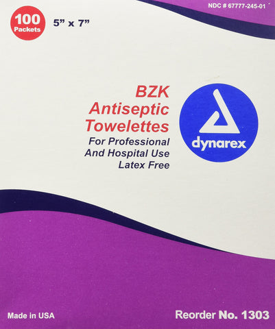 Dynarex Antiseptic Wipe Benzalkonium BZK First Aid Wipes 100/Box