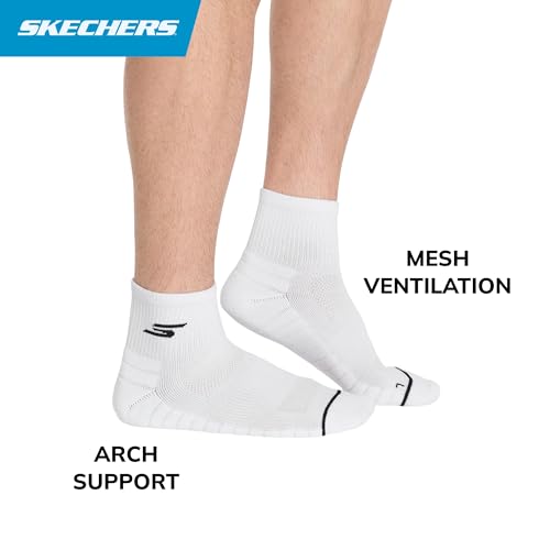 Skechers Men's 3-Pack Pickleball Quarter Crew Socks, White Traditional, 10-13