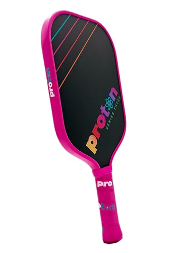 Proton Series Three Raw Carbon Pickleball Paddle - Raspberry, Elongated 16.5" Length, 15mm Honeycomb Core, 8.2oz Lightweight for Spin, Control & Power