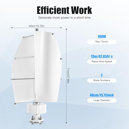 Guehomm 100W Low-Noise Vertical Axis Wind Turbine Generator, 12V Wind Turbine, Permanent Magnet Generator with Controller, Aluminum Blades Wind Turbine Kit for Home Boats Street Lighting (White)