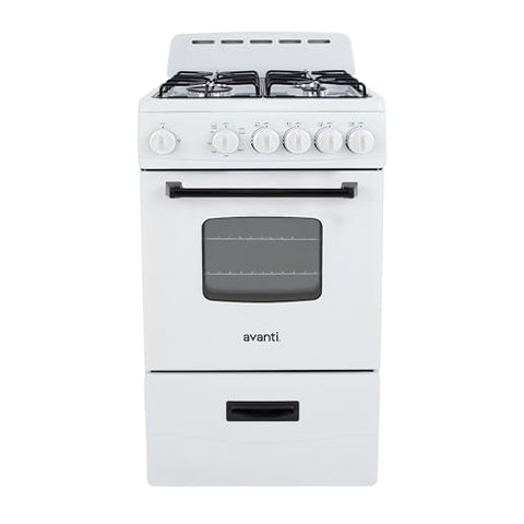 Avanti Gas Range Oven, Compact Freestanding Design, 4 Sealed Burners with Electronic Ignition, 2.1 Cu.Ft. Capacity Features Framed Glass Door Storage Drawer Broiler and Accessories, 20-Inch, White