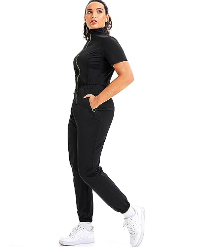 Junlan Sauna Suit for Women Sweat Jumpsuit Stand Collar Heat Trapping Shirt for Women Workout Sports(Black,Large)