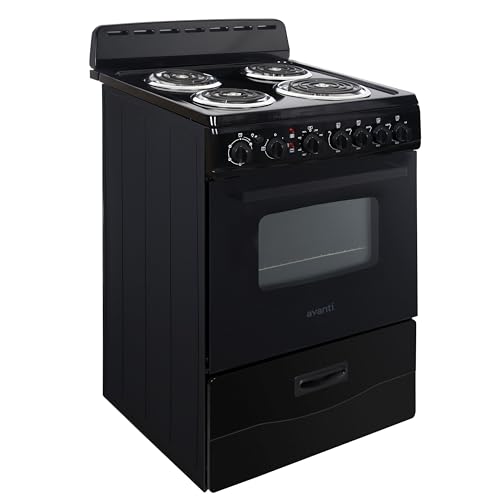 Avanti Electric Range Oven Compact Design, 2.6-Cu.Ft. Capacity with 4 Coil Burners, Framed Glass Oven Door, Storage Drawer and Broiler with Pan Perfect for Apartment RV Tiny Home, 24-Inch, Black