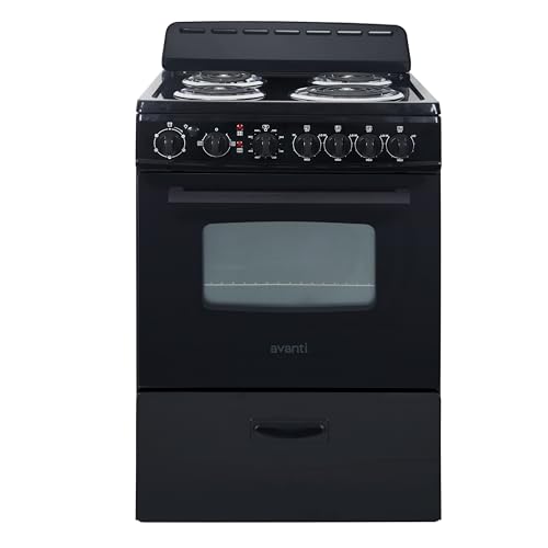 Avanti Electric Range Oven Compact Design, 2.6-Cu.Ft. Capacity with 4 Coil Burners, Framed Glass Oven Door, Storage Drawer and Broiler with Pan Perfect for Apartment RV Tiny Home, 24-Inch, Black