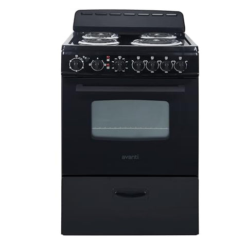 Avanti Electric Range Oven Compact Design, 2.6-Cu.Ft. Capacity with 4 Coil Burners, Framed Glass Oven Door, Storage Drawer and Broiler with Pan Perfect for Apartment RV Tiny Home, 24-Inch, Black
