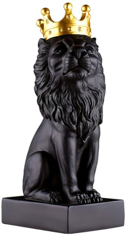 Lion Statue Indoor Tilted-Head Lion Figurine Collectible-13 Inch Black Lion Sculpture with Gold Crown Home Decor for Desk Decorations,Black and Gold Living Room Bedroom Decor Best Gift for The Man
