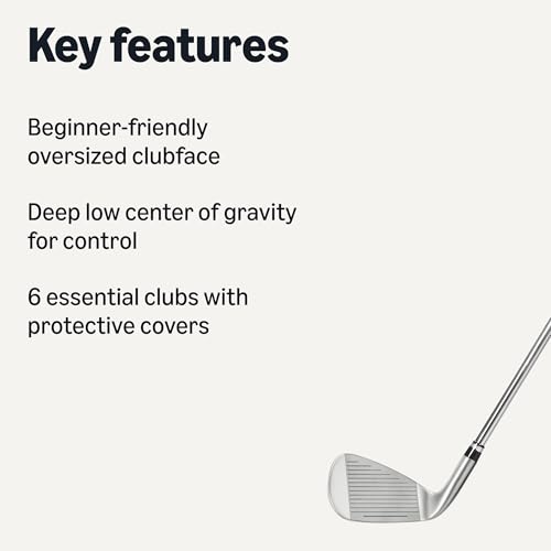 Amazon Basics Golf Club Set, 6- Piece with Stand Bag, Oversized Clubface, Low Center of Gravity, Right Handed, Blue/Black