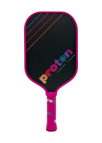 Proton Series Three Raw Carbon Pickleball Paddle - Raspberry, Elongated 16.5" Length, 15mm Honeycomb Core, 8.2oz Lightweight for Spin, Control & Power
