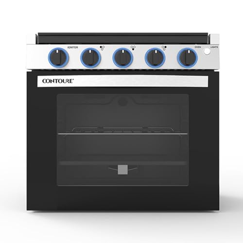 CONTOURE RV 3-Burner Drop-In Gas Range 21" | Black with Stainless Steel Accents | Stylish LED Knobs | Easy-Clean Oven | Propane-Powered | CSA Certified | GR-21BTC