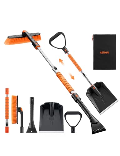 AstroAI 2" 1 Ice Scraper & Snow Shovel Kit, 47.2" Ice Scrapers for Car Windshield and 360° Pivoting Snow Brush, Extendable Snow Shovel with Foam Grip for Car, Trucks, SUVs, Vehicles（Orange）