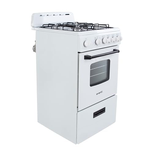 Avanti Gas Range Oven, Compact Freestanding Design, 4 Sealed Burners with Electronic Ignition, 2.1 Cu.Ft. Capacity Features Framed Glass Door Storage Drawer Broiler and Accessories, 20-Inch, White