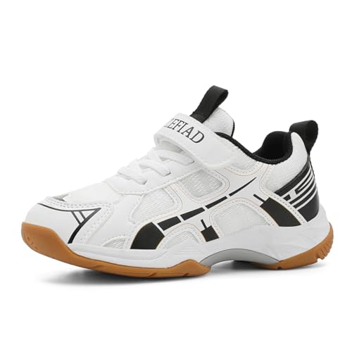 Ozefiad Kids Racket Sneakers - Boys Girls Badminton Shoes Tennis Shoes, Suitable for All Courts Squash Sneakers | Strong Support and Shock Absorption (Little Kids/Big Kids) White Black