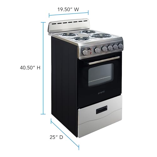 Avanti Electric Range Oven Compact Design, 2.1-Cu.Ft. Capacity with 4 Coil Burners, Framed Glass Oven Door, Storage Drawer and Broiler with Pan Perfect for Apartments, 20-Inch, Stainless Steel
