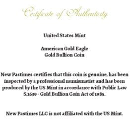 2026 - American Gold Eagle 1/10th oz Bullion Coin with Certificate of Authenticity $5 Seller Uncirculated