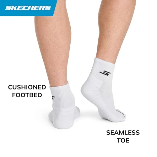 Skechers Men's 3-Pack Pickleball Quarter Crew Socks, White Traditional, 10-13
