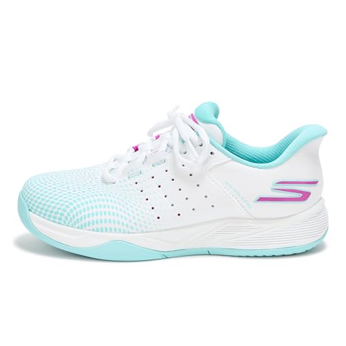 Skechers Women's Viper Court Reload Hands Free Slip-Ins Pickleball Sneaker, White/Turquoise/Pink, 8